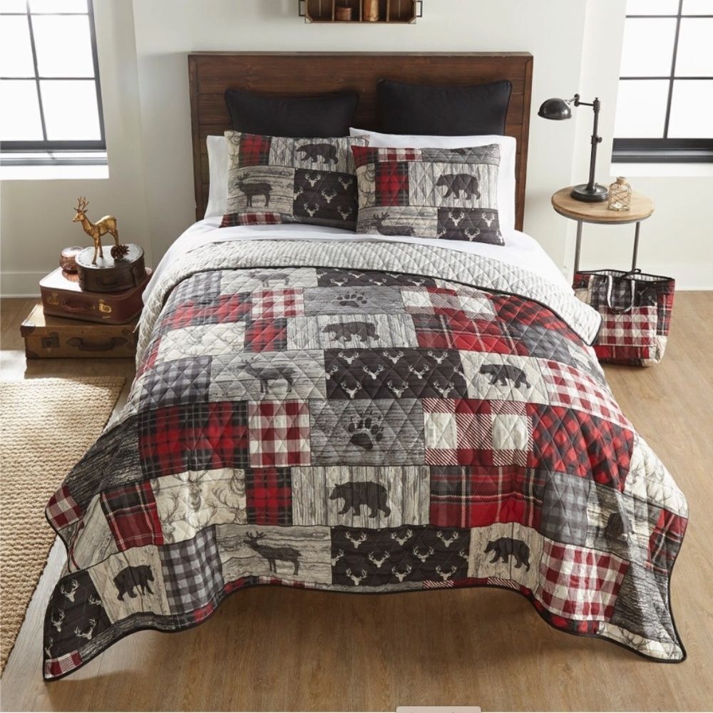 Rustic Lodge Bear Patchwork KING Quilt Set Lightweight Country Black Gray Red